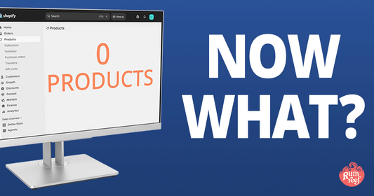 A Shopify admin products page showing zero products, with the text Now what?
