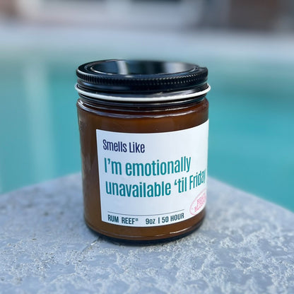 Jar with a humorous label by a pool