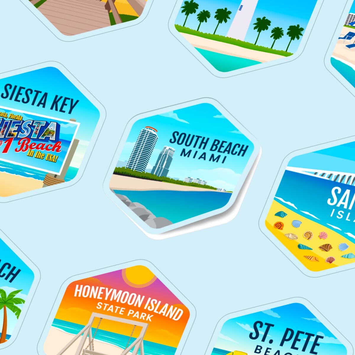 Hexagonal stickers with beach-themed designs and text on a light blue background
