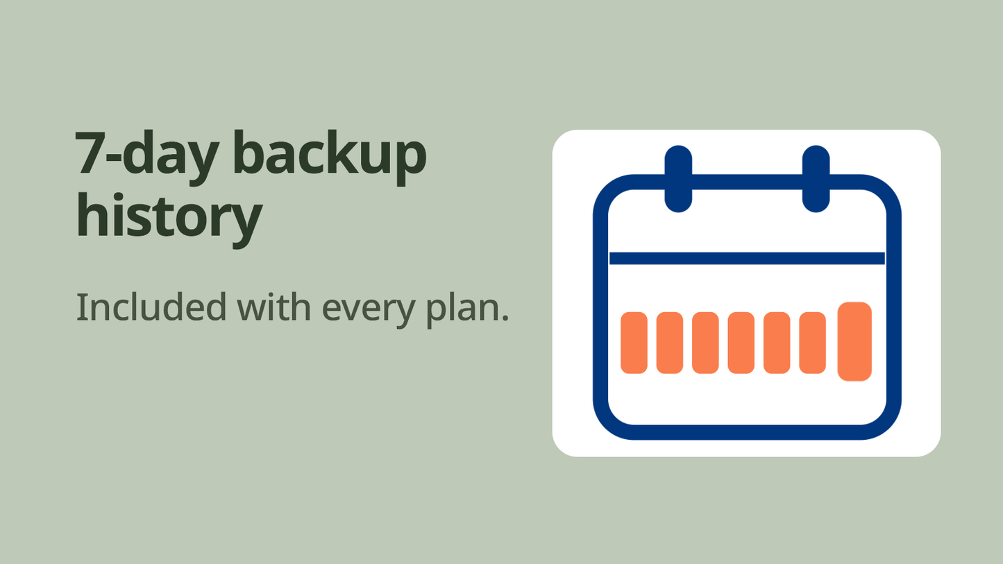 Calendar icon with 7-day backup history text on a light green background showing that Simple Product Backup will store your product backups for up to 7 days.