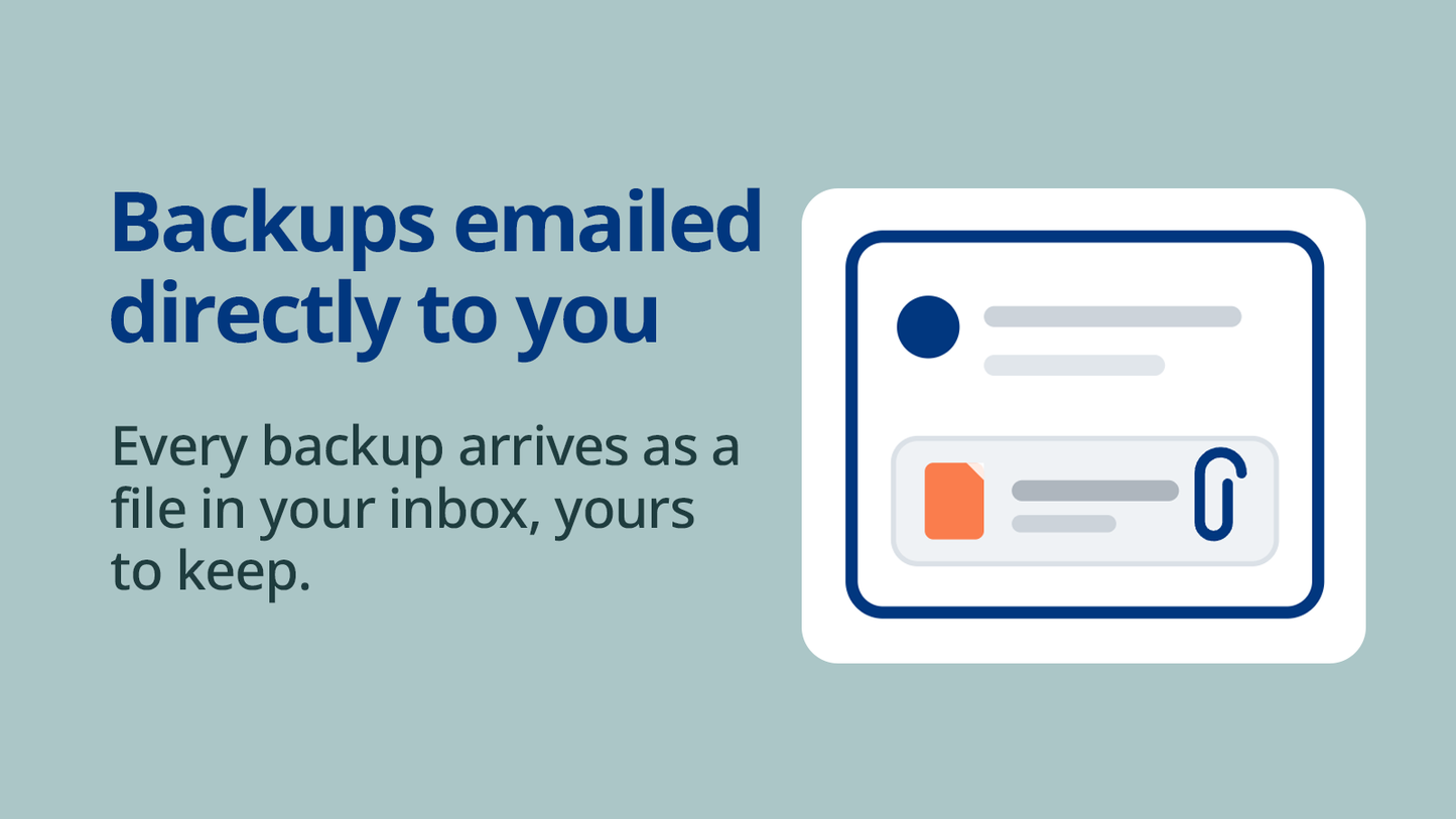 Text and icon about backups being emailed directly to you with a blue background by Simple Product Backup 